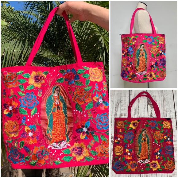 Embroidered Virgin Mary Our Lady of Guadalupe Pink Tote Bag - Picture 1 of 10